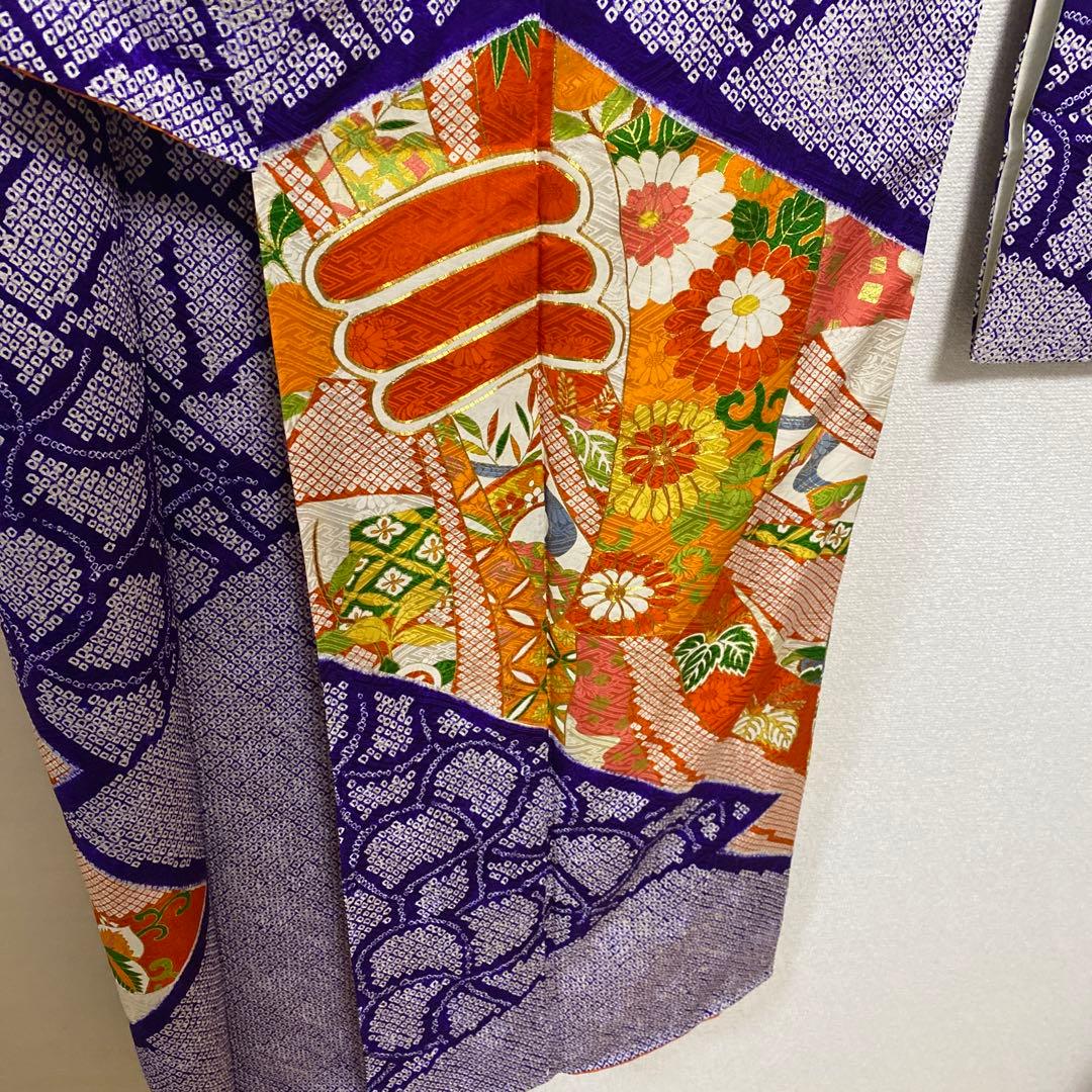振袖　長襦袢　袋帯　3点セット　紺色　紫　有松絞り　鹿の子絞り　金駒刺繍　金彩