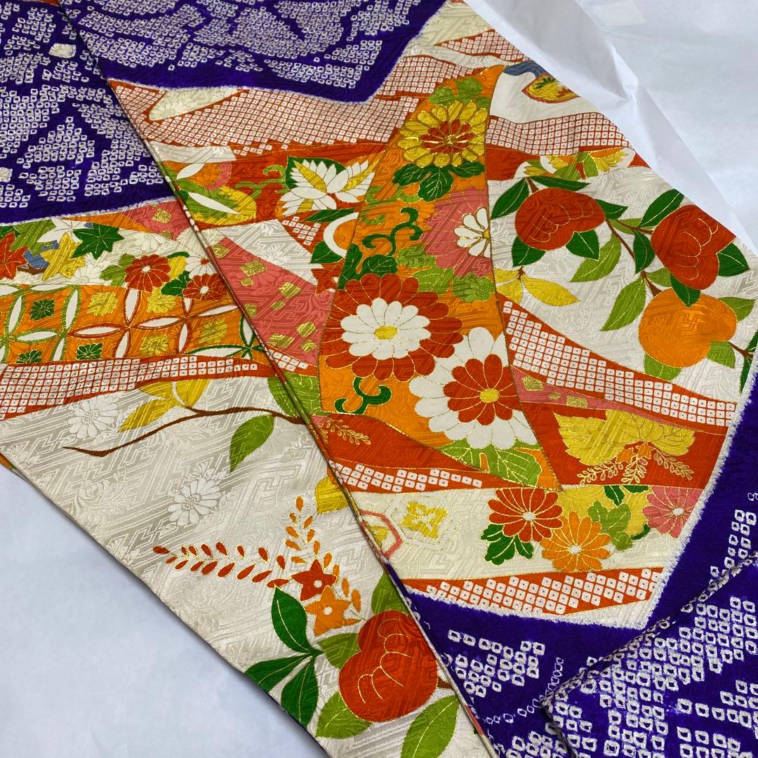 振袖　長襦袢　袋帯　3点セット　紺色　紫　有松絞り　鹿の子絞り　金駒刺繍　金彩