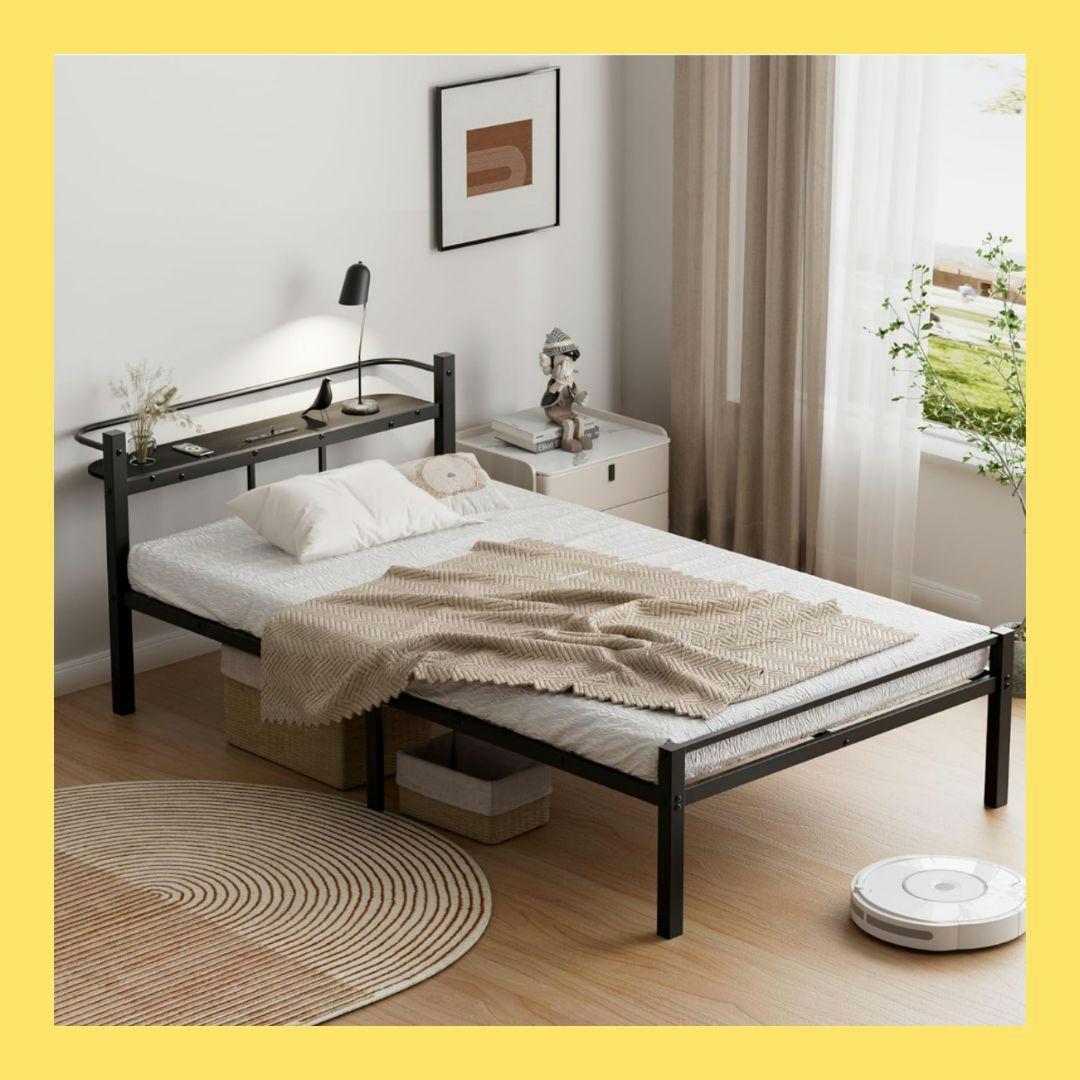 SuperKois ベッドフレーム ダブル ブラック コンセント 棚付き 収納