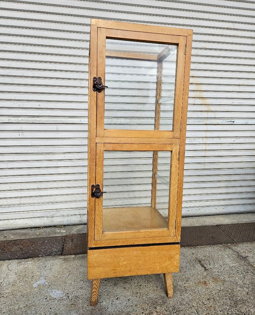 ヴィンテージ ガラスのパンケース 陳列 ショーケ－ス 飾り棚 店舗什器 無垢材