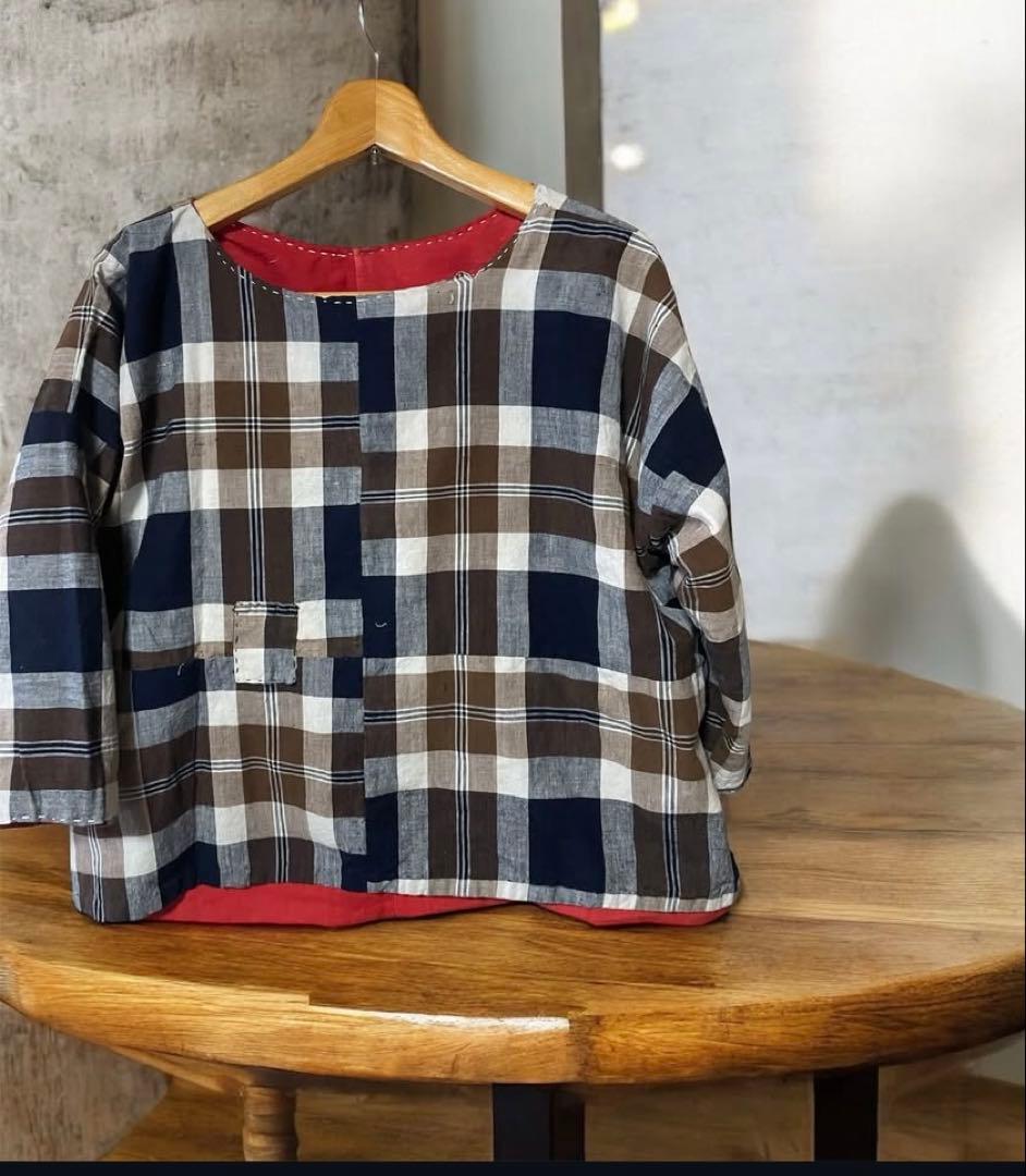 櫻妓　蒲団皮格子　紅花染 長袖リバシブルトップス