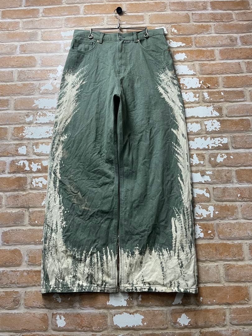ブリーチデニム　デニム　バギーデニム　カーキ　ワイドデニム　y2k グランジ