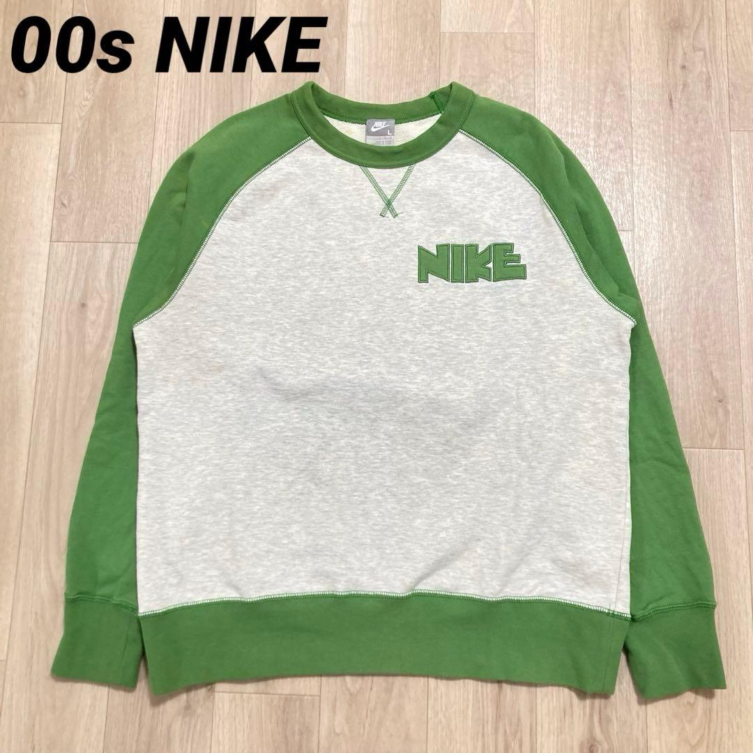 00s NIKE ゴツナイキロゴ刺繍ラグランスウェット 表記L 銀タグ　カマボコ