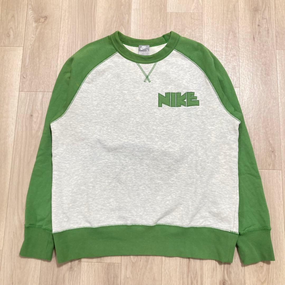 00s NIKE ゴツナイキロゴ刺繍ラグランスウェット 表記L 銀タグ　カマボコ