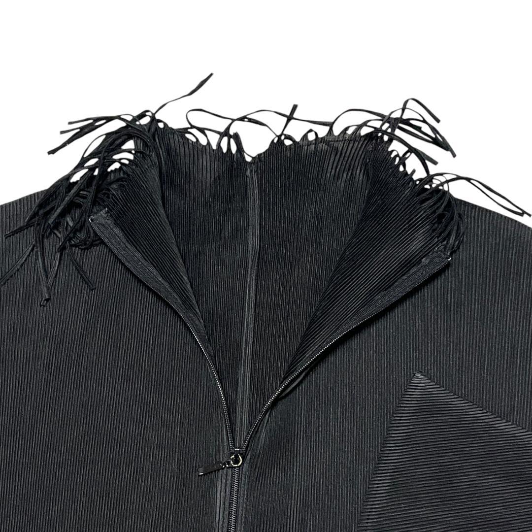 【美品】プリーツプリーズ 長袖 ジップ ワンピース 3 フリンジ 黒 ブラック