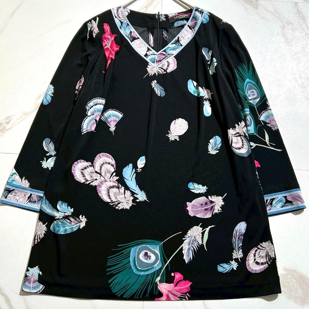 極美品✨レオナール カンカン素材 チュニック フェザー柄 花柄 ブラック 40