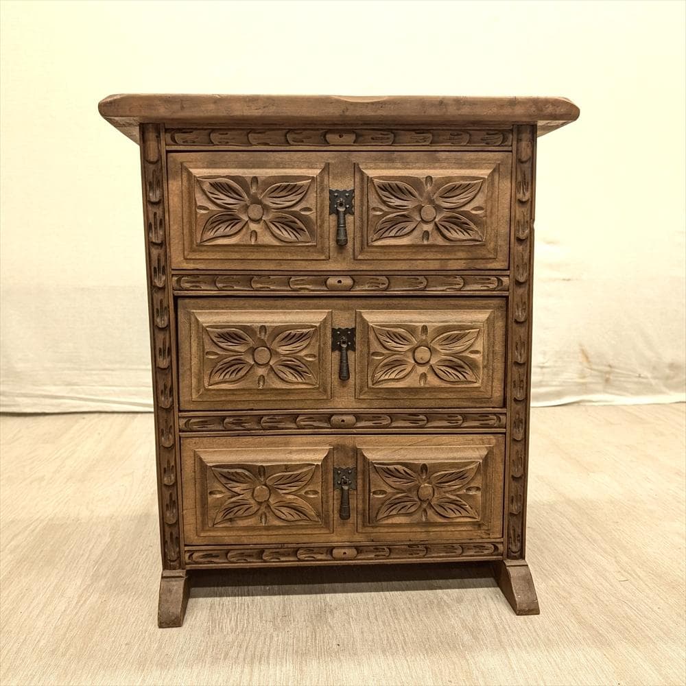 スペイン製　無垢　3段　サイドチェスト　タンス　箪笥　たんす　チェスト　ドロワー