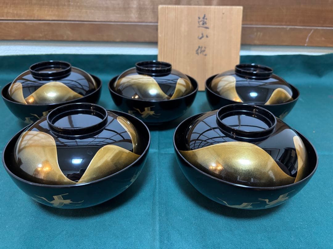 漆器 吸物椀 煮物椀 5客セット 遠山 群鶴蒔絵