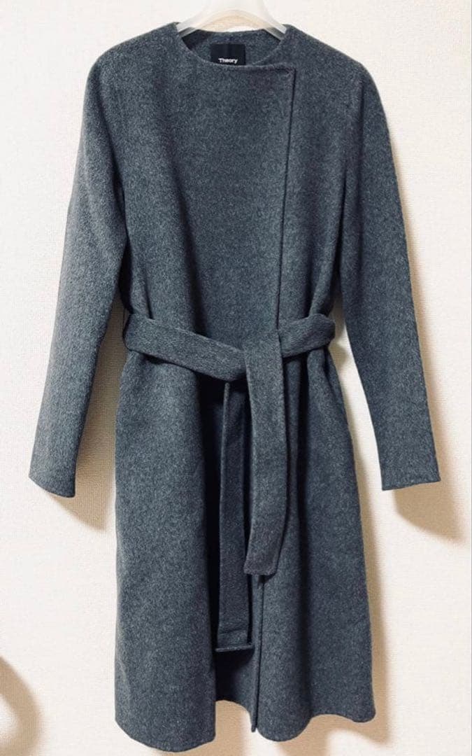theory セオリーダブルフェイス カシミヤ ノーカラーコートグレー Ｐ