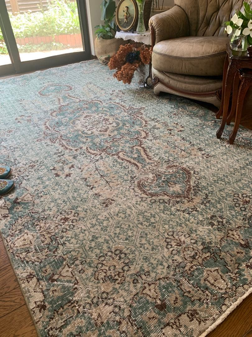 超大判　269×150宝石メダリオン　ピーコックグリーン　トルコヴィンテージラグ