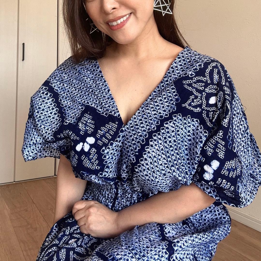 一点物　浴衣　有松絞り　ワンピース ハンドメイド　マキシ　シンプル　単色