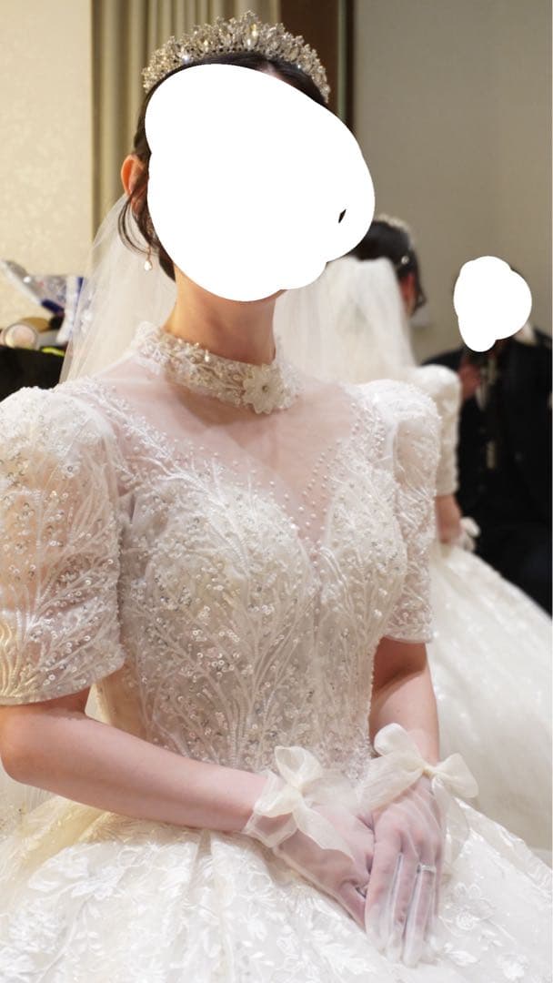 エレガントなAラインウェディングドレス 立て襟 韓国ドレス風