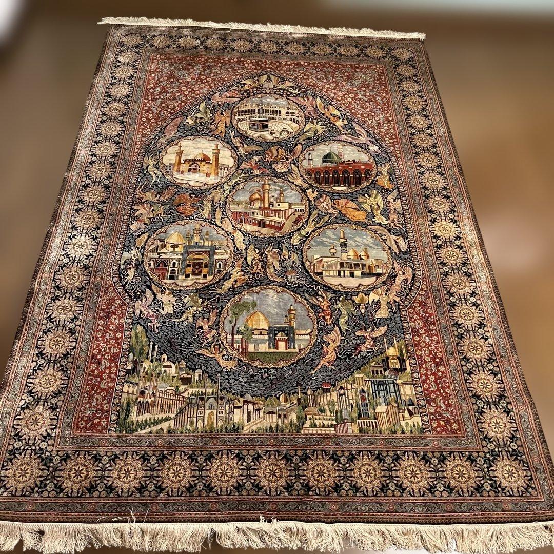 ペルシャ絨毯　宗教的建物細密刺繍ラグ 超美品2100 X1435mm