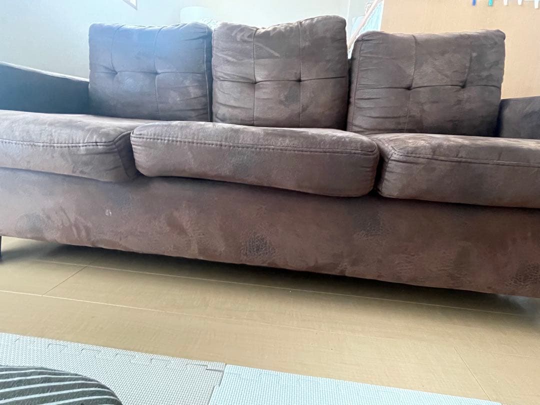 ブラウン 3人掛けソファ スエード調