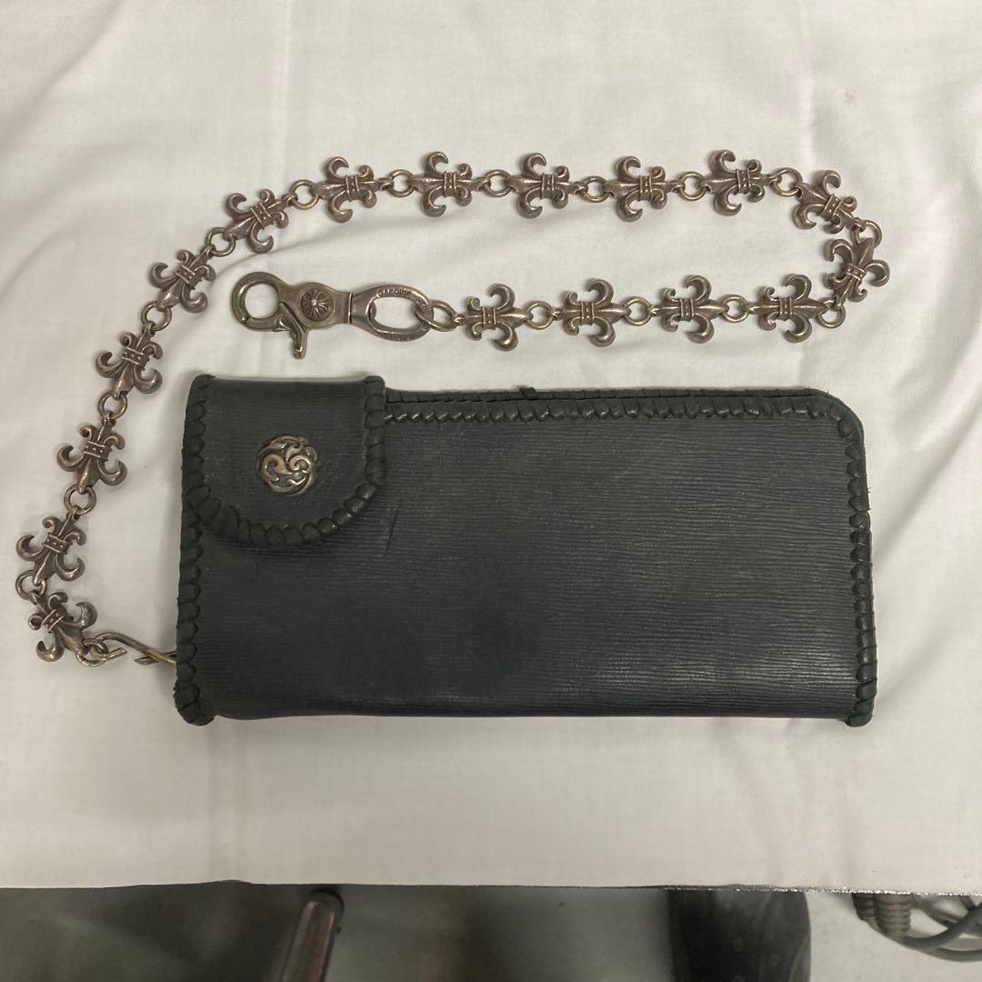 送料込み　黒 レザー シルバーウォレットチェーン　財布