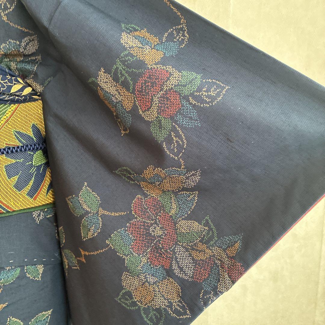 小紋　フルセット　着物　紬　正絹　紺色　大人花紬　G7