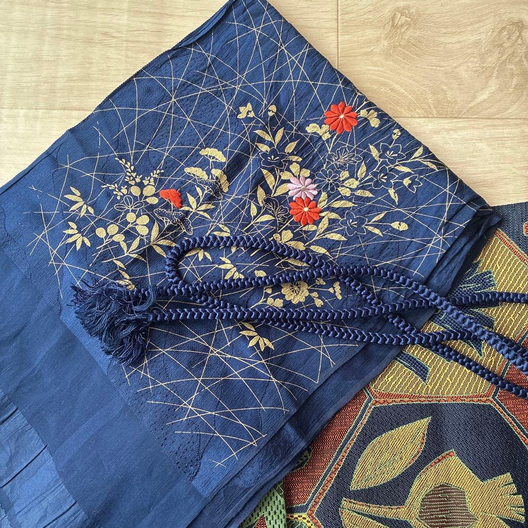 小紋　フルセット　着物　紬　正絹　紺色　大人花紬　G7
