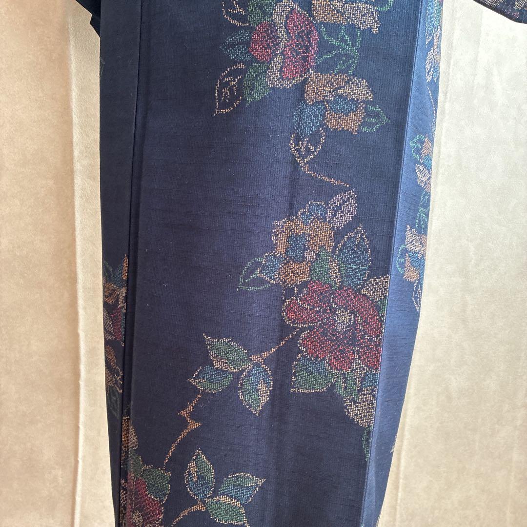 小紋　フルセット　着物　紬　正絹　紺色　大人花紬　G7