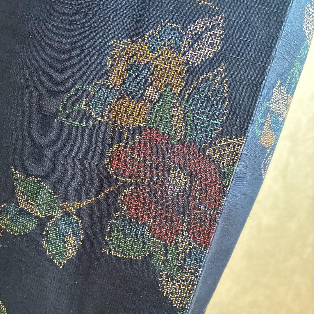 小紋　フルセット　着物　紬　正絹　紺色　大人花紬　G7