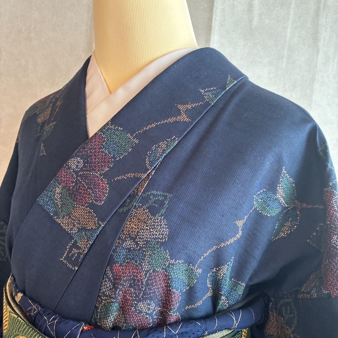小紋　フルセット　着物　紬　正絹　紺色　大人花紬　G7