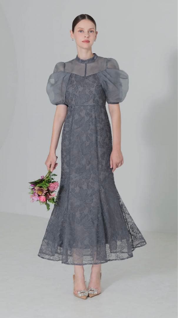 LEJA オーガンジー ドレープ パフスリーブ マーメイド ワンピースドレス