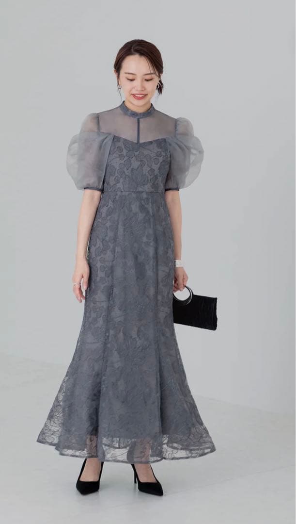 LEJA オーガンジー ドレープ パフスリーブ マーメイド ワンピースドレス