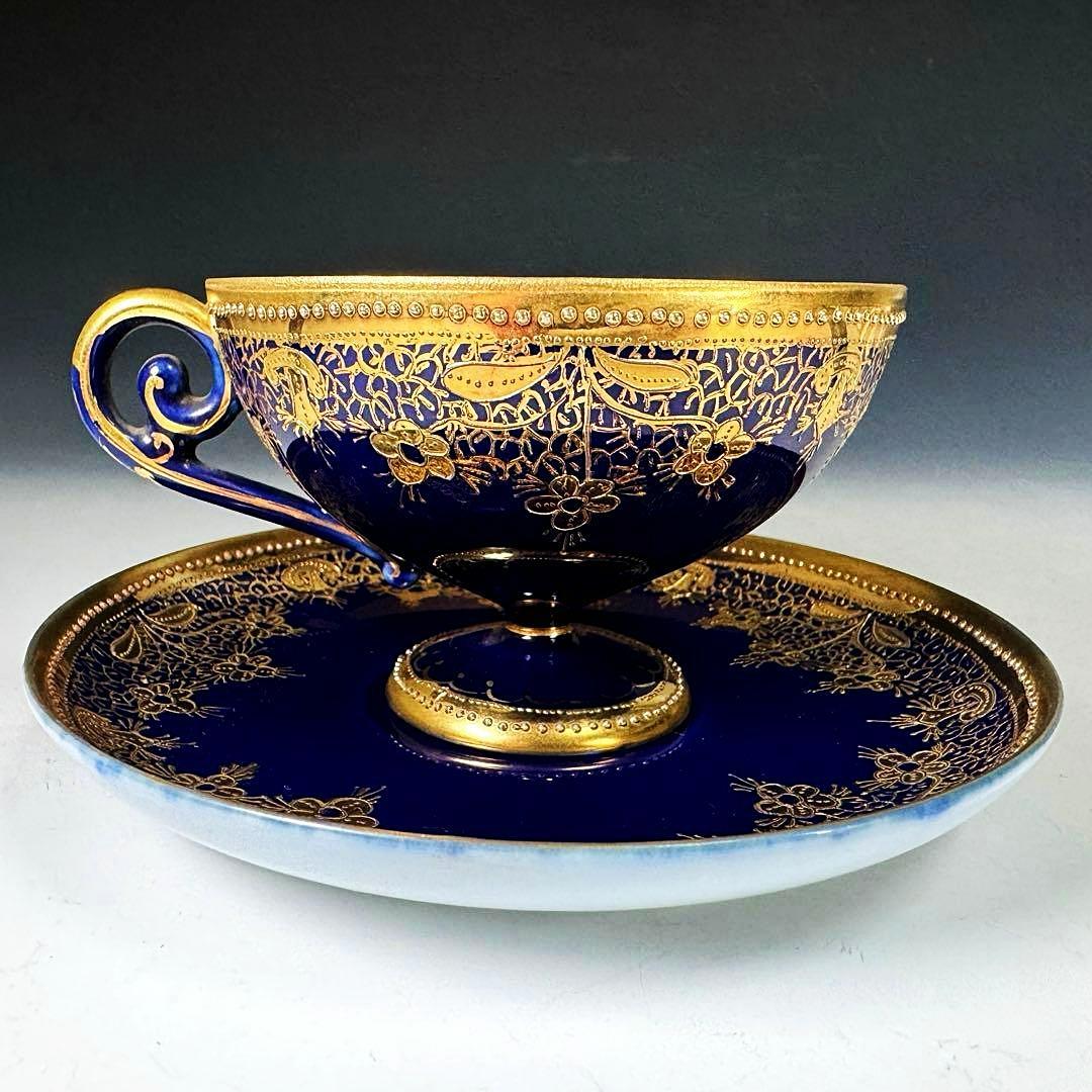 逸品■オールドノリタケ コバルト 金盛 レース装飾 ペディスタル カップソーサー