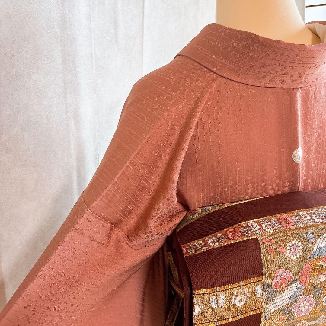 単衣　色無地フルセット　着物　正絹　しつけ糸付き　枝葉地紋　G15