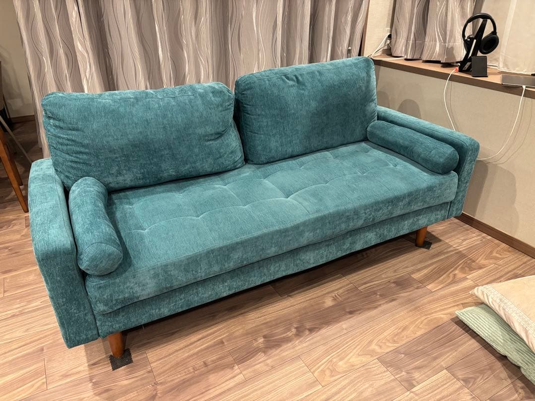 【NOCE】ベルベット調ソファ｜アクアグリーン (2〜3名掛け)
