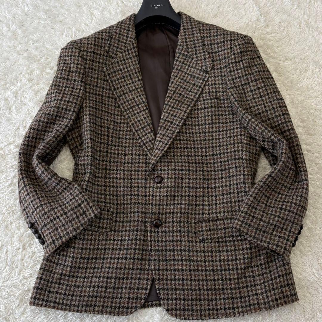 ハリスツイード テーラードジャケット くるみボタン 千鳥格子 ウール XL