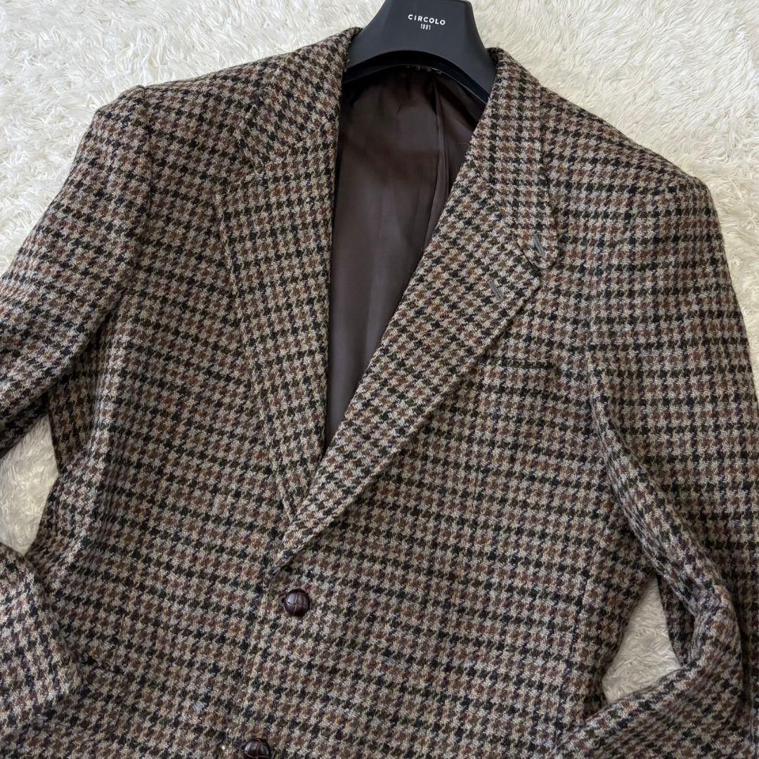 ハリスツイード テーラードジャケット くるみボタン 千鳥格子 ウール XL