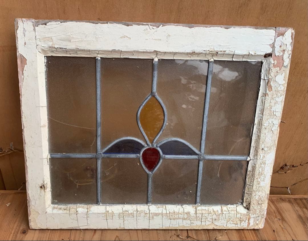 イギリスアンティーク　ステンドグラス窓枠　ペンキの禿げた木枠