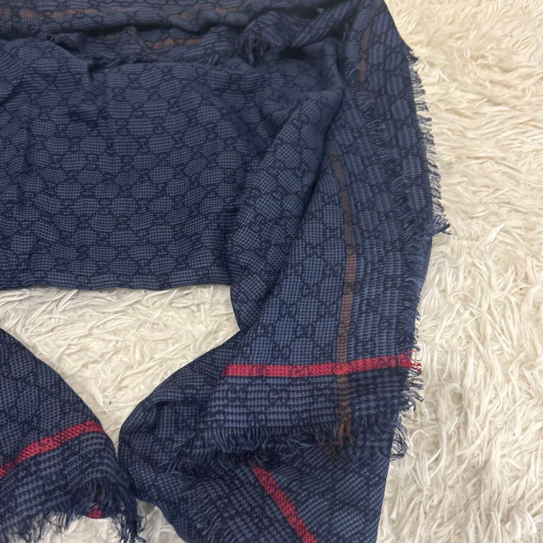 未使用級！グッチ ストール 100×175サイズ　ブルー　GG柄 シルク　ウール