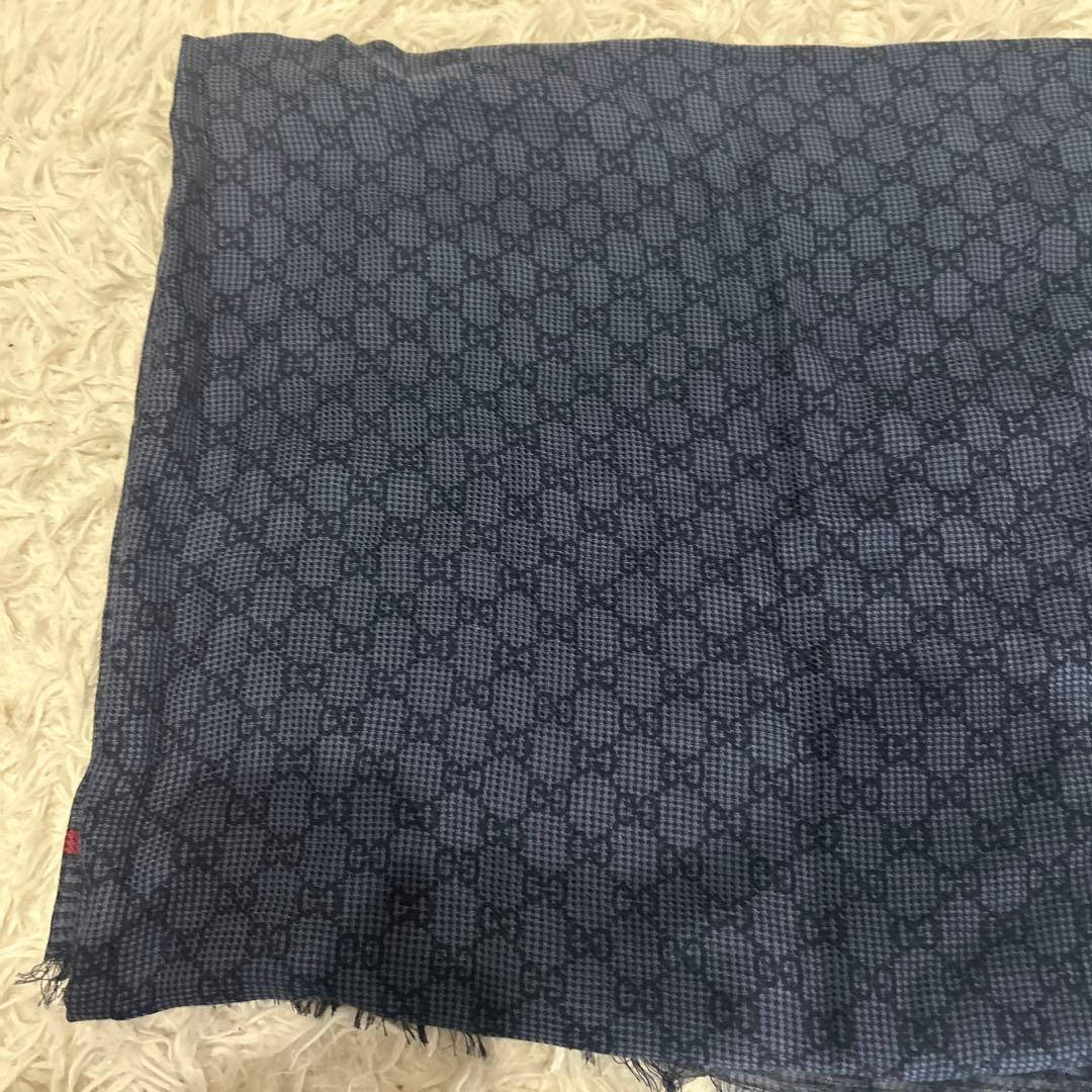 未使用級！グッチ ストール 100×175サイズ　ブルー　GG柄 シルク　ウール