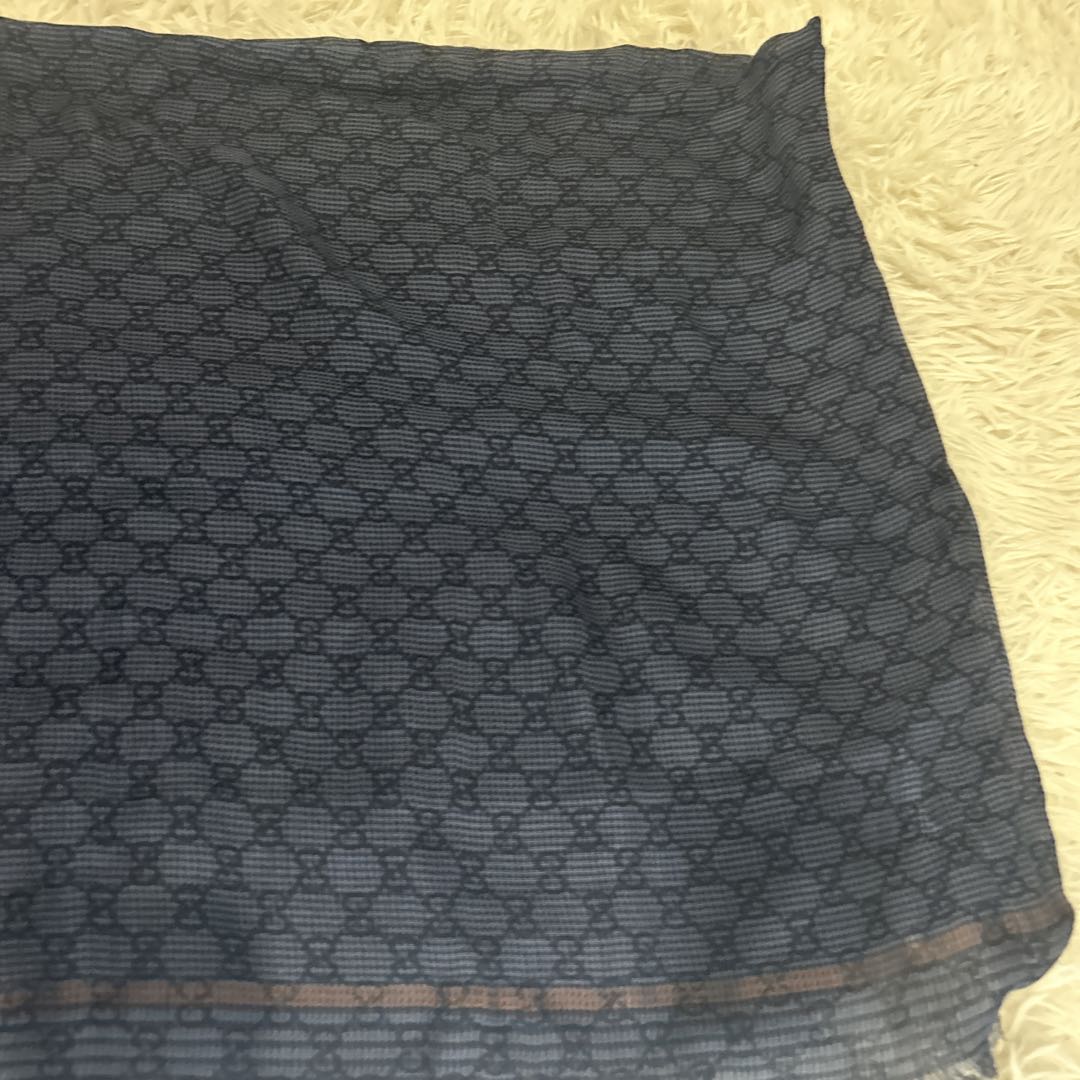 未使用級！グッチ ストール 100×175サイズ　ブルー　GG柄 シルク　ウール