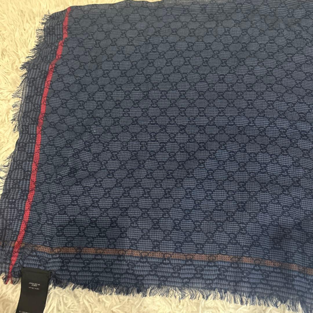 未使用級！グッチ ストール 100×175サイズ　ブルー　GG柄 シルク　ウール