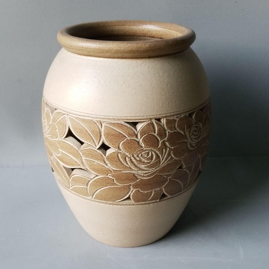 holly 信楽焼傘立て つぼ型帯茶ばら彫 高さ４３cm