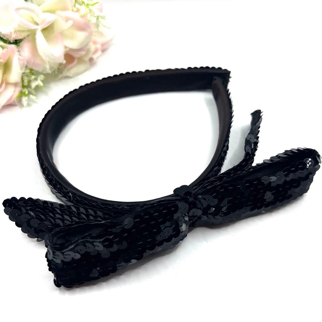 【極美品】シャネル カチューシャ リボン スパンコール ブラック レア