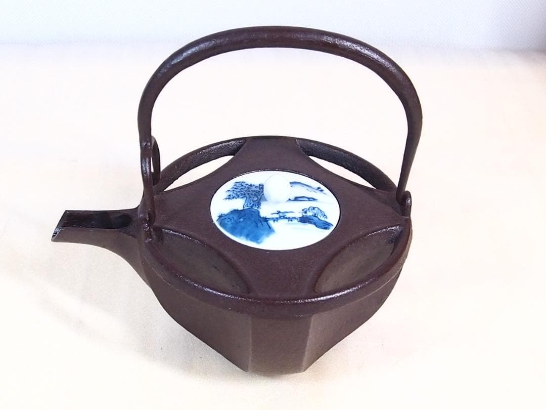 【未使用】佐藤浄清 七宝 銚子 山水染付替え蓋付き 酒次/酒注ぎ 酒器/鉄器