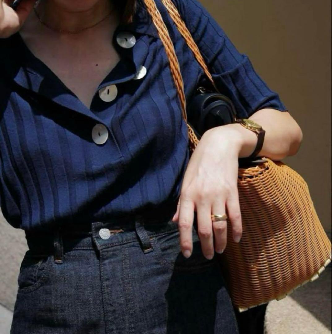 NACKIYÉ ネイビーリブ編み五分袖ポロシャツ