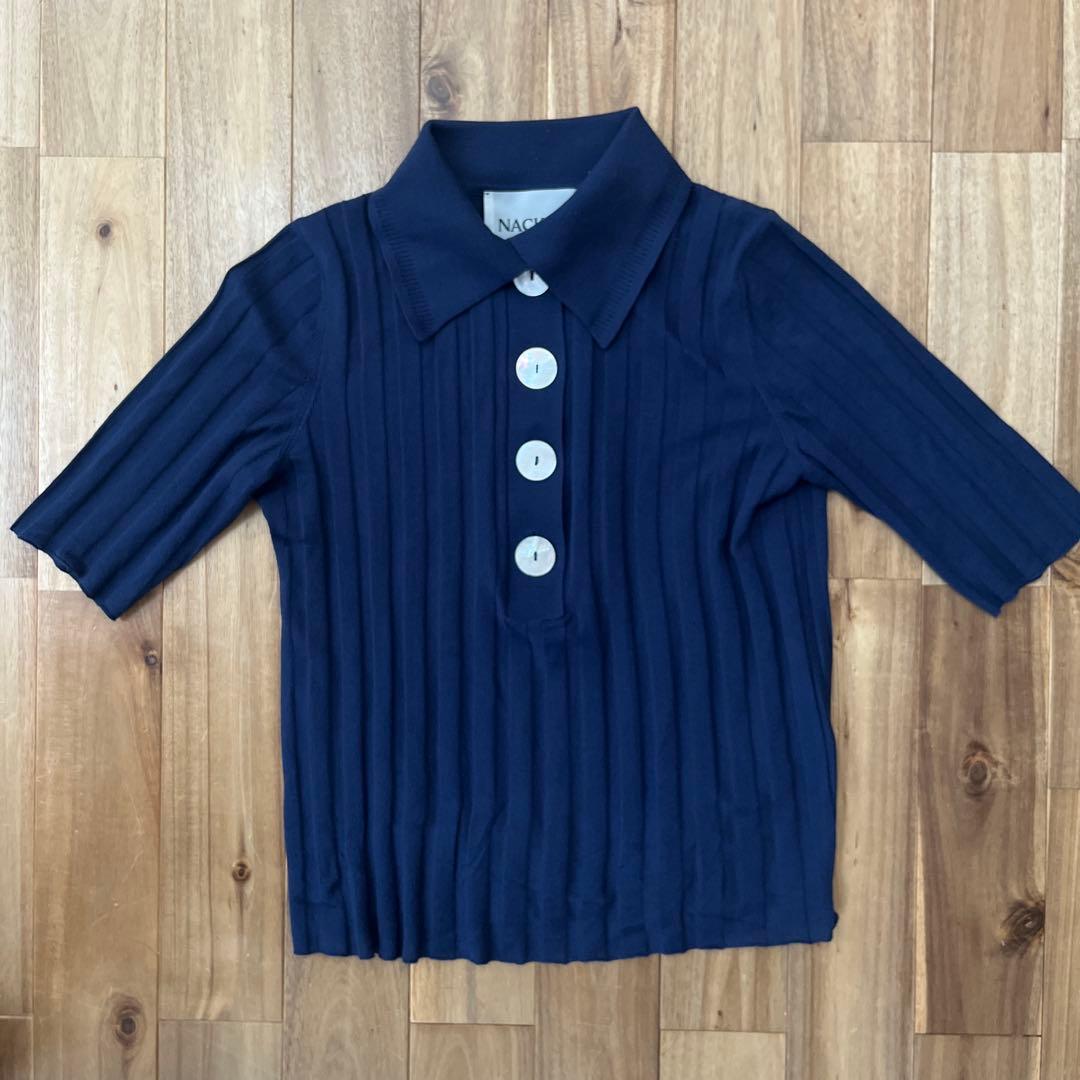 NACKIYÉ ネイビーリブ編み五分袖ポロシャツ