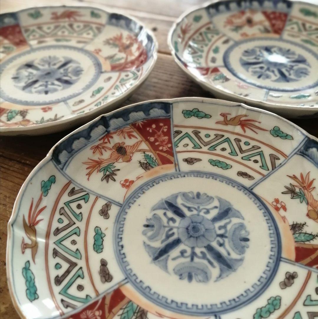 古伊万里　色絵　ふくら雀と鳳凰　輪花縁　七寸皿　３客