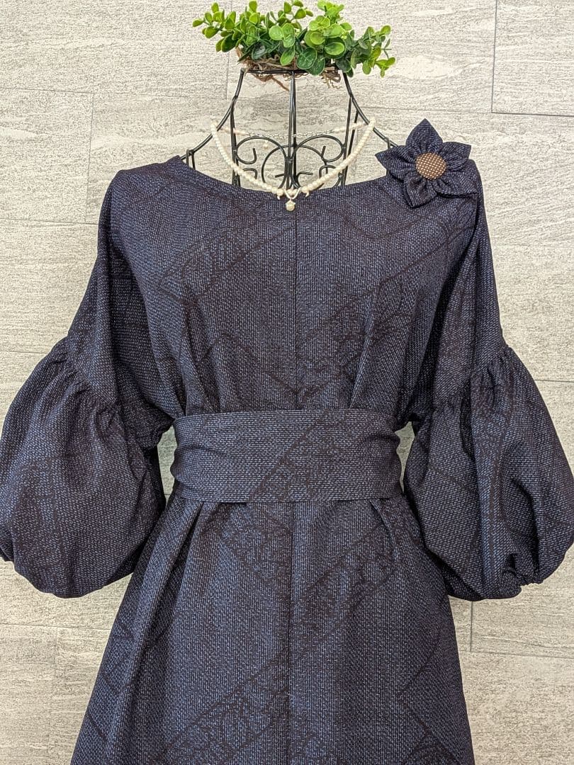 A259結城紬リメイクふんわり2way袖Aラインワンピース★ リボン・ブローチ