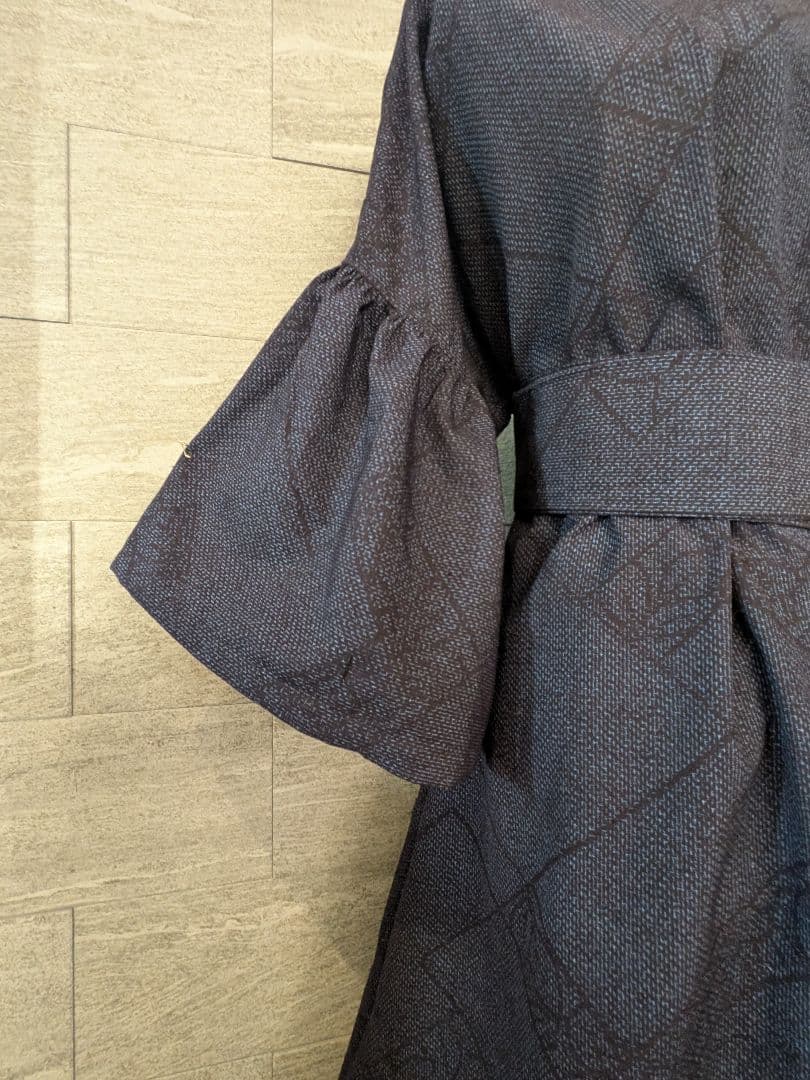 A259結城紬リメイクふんわり2way袖Aラインワンピース★ リボン・ブローチ