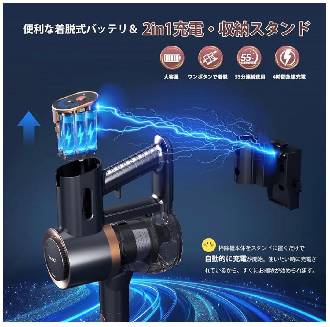 掃除機 コードレス 超強力吸引 LEDライト 置くだけ充電　最軽量 自立式