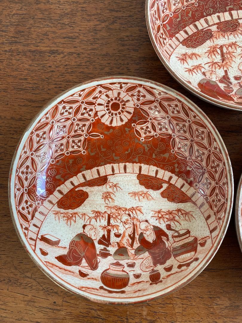 九谷焼　骨董　赤絵竹林賢人図中皿　7枚セット