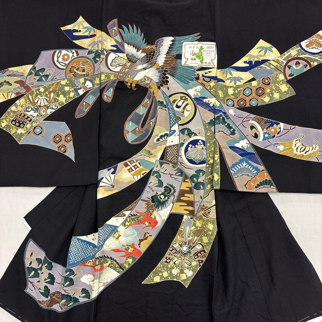 新品「最高級品」男子正絹産着祝着京友禅大鷹多色手描き染、特選豪華盛金祝い熨斗文
