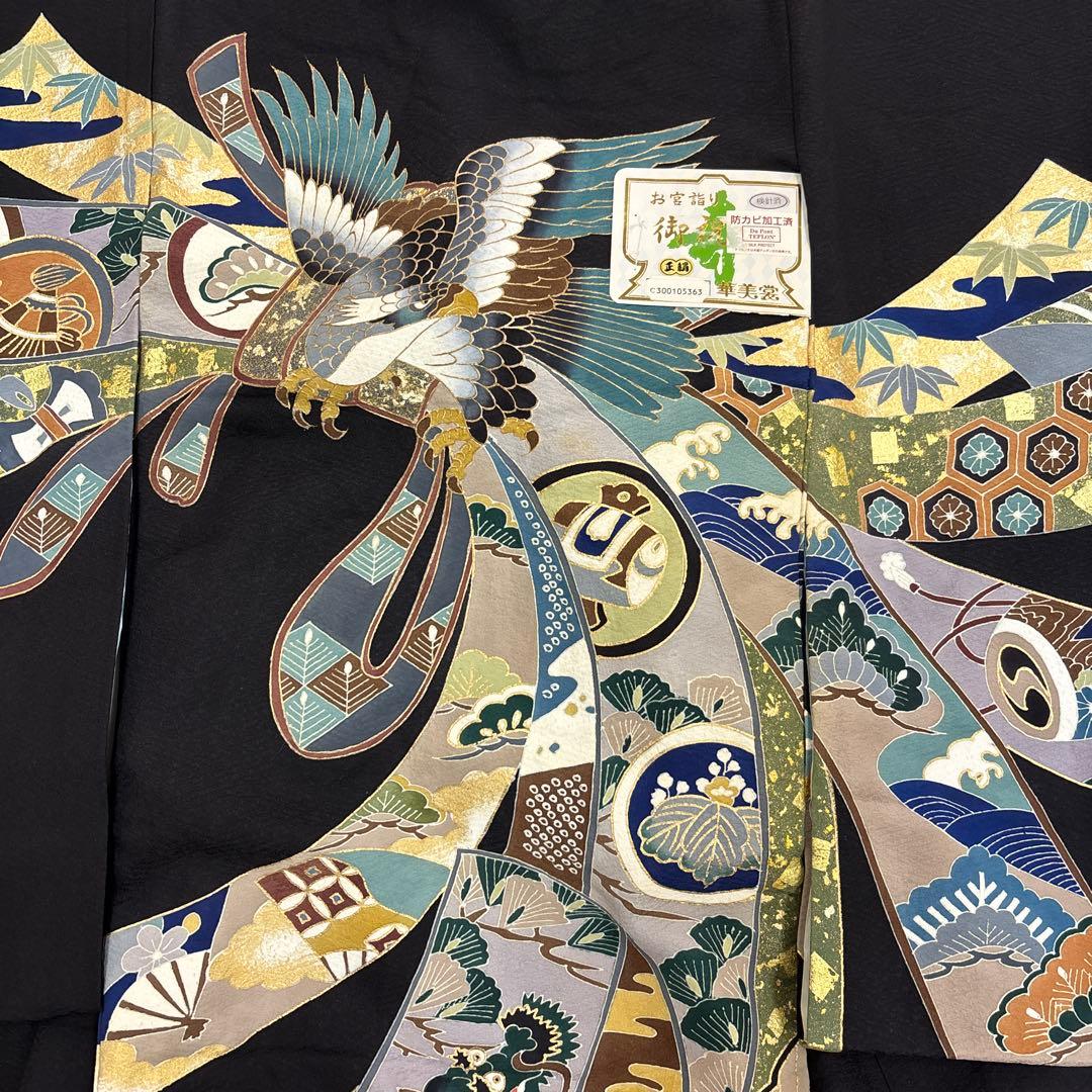 新品「最高級品」男子正絹産着祝着京友禅大鷹多色手描き染、特選豪華盛金祝い熨斗文