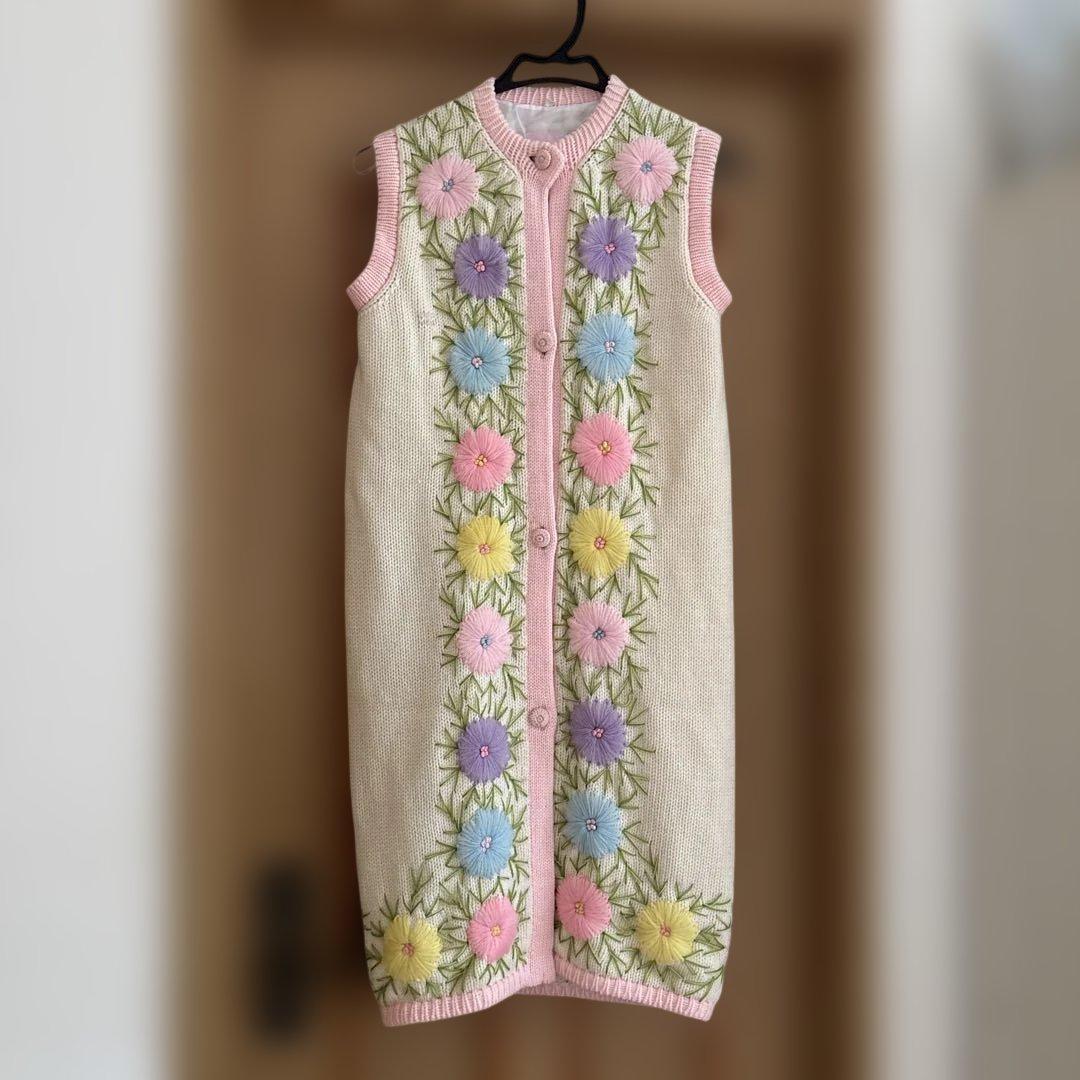 60s 70s お花 刺繍 ニット ベスト ワンピース ロングジレ カーディガン