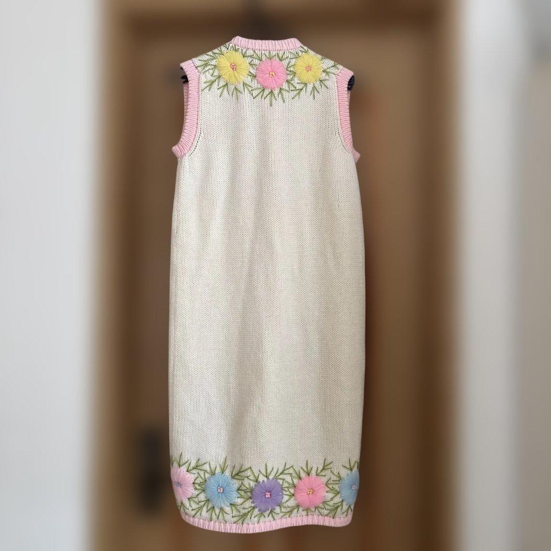 60s 70s お花 刺繍 ニット ベスト ワンピース ロングジレ カーディガン